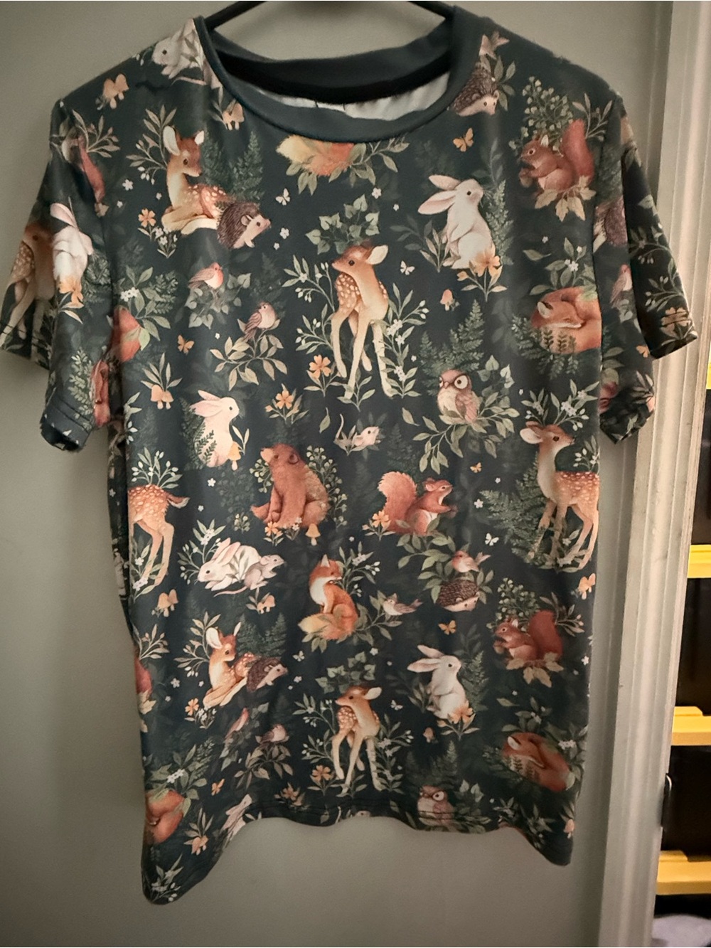 SHEIN Woodland Animal Print Tee - Dark Green with Cream and Brown Accents